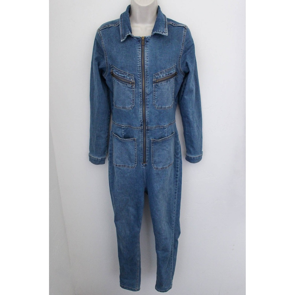 Free People Lennox Denim Jumpsuit Large Zip Front Stretch Utility‎ Pockets